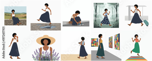 Diverse Flat Illustration Woman in Various Lifestyle Activities and Travel Poses