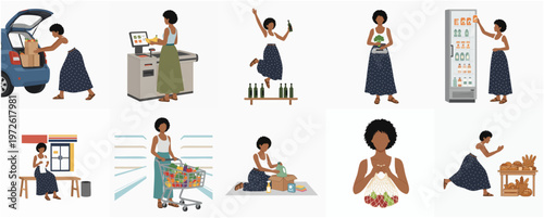 Flat Illustration Woman Grocery Shopping Activity at Local Supermarket Set