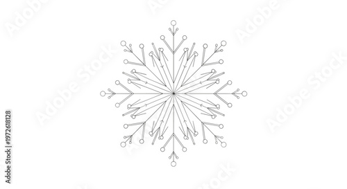 geometric snowflake with many branches and circular tips is illustrated in a fine black line art style for winter weather and holiday themes.