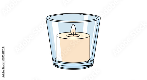 single white candle inside a clear glass jar is depicted in a clean colored illustration style for home decor and aromatherapy concepts.