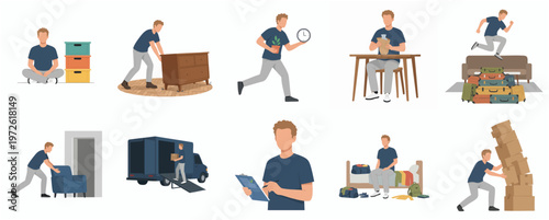 Flat Style Illustration Set of Man Doing Moving Related Activities