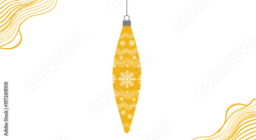 long yellow christmas ornament featuring white snowflake and wavy line patterns is illustrated as a festive holiday decoration for seasonal use.
