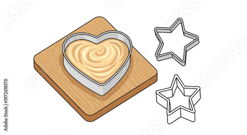 baking set includes heart-shaped batter in a pan alongside star-shaped cookie cutters on a wooden board for a kitchen and cooking scene.