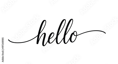 word hello is written in an elegant black cursive script with long flowing lines to create a welcoming and artistic hand-drawn greeting design.