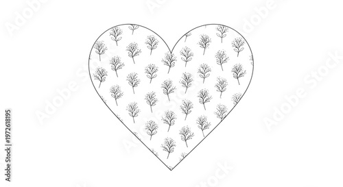 heart-shaped silhouette filled with numerous tiny tree patterns is presented in a clean black and white line art drawing for environmental themes.