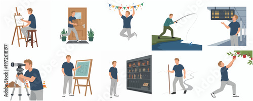 Flat Style Different Activity of a Young Man Illustration Set