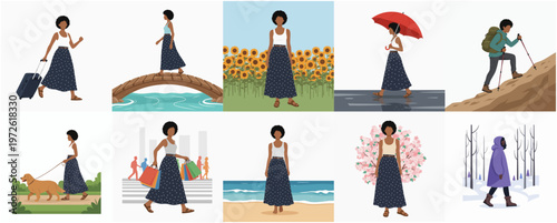 Flat Illustration Diverse African Woman Enjoying Lifestyle Activities and Various Seasons