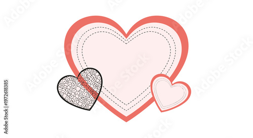 Trio of decorative hearts including a large pink heart, a textured black and white heart, and a small pink heart arranged together for romance themes.