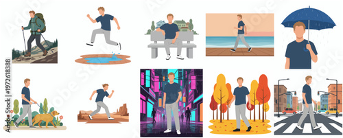 Flat Style Illustration of Man Engaged in Various Outdoor and City Activities