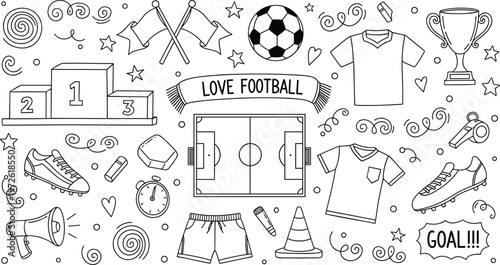 Hand Drawn Soccer Football Doodle Set Featuring Field, Ball, Trophy, Jersey, Shoes, Whistle, Stopwatch, Podium, and Sports Elements