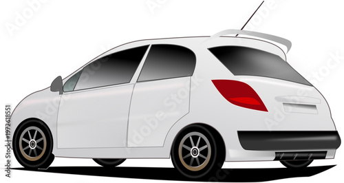 Modern white hatchback car illustration showing a compact vehicle from a rear-right perspective for transport designs.