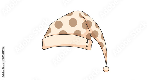 Polka-dot sleeping cap in beige and brown tones with a small pom-pom on the end isolated on a white background for sleep and rest themes.