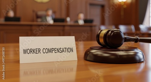 Worker compensation legal sign on courtroom desk, wooden judge gavel for labor law concept, employment insurance and workplace injury litigation