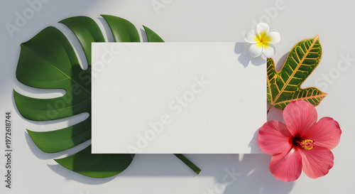 Tropical floral composition with hibiscus and monstera leaves on a blank paper