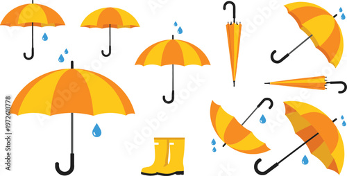 Umbrella collection with rain drops and boots, weather protection set, rainy season accessories in flat style vector illustration
