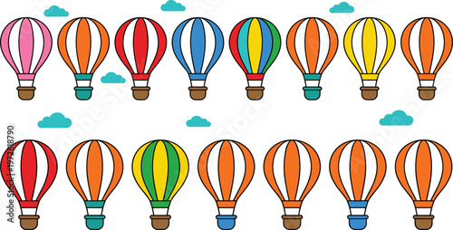 Bold Colorful Hot Air Balloon Set with Bright Stripes and Clouds for Travel, Adventure, and Fun Illustration Designs