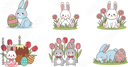 Cute Easter Bunny Scene Set Featuring Rabbits with Eggs, Flowers, Cake, Tulips, and Spring Seasonal Decorative Elements