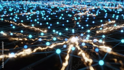 Abstract digital network with glowing nodes and data pathways, symbolizing global connectivity, information flow, and future technology