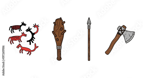 Prehistoric hunting tools and animals.