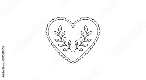 Heart shaped frame with a scalloped edge containing two leafy branches arranged symmetrically inside for romantic and botanical designs.