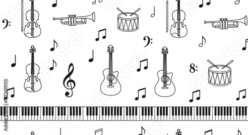 Music instruments and notes on white background vector illustration