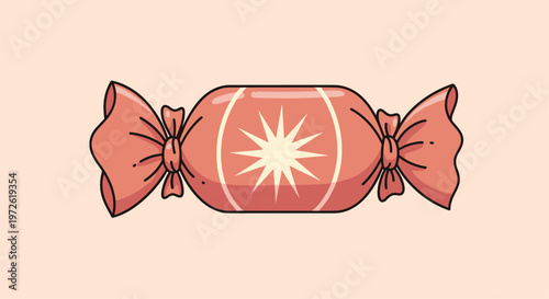 Pink wrapped candy with a large white starburst pattern on the wrapper isolated on a light peach background for sweet and treat themes.