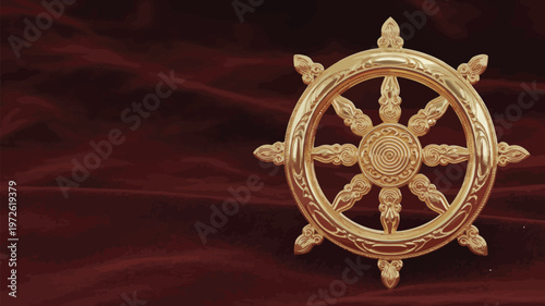 Dharma, golden wheel symbol of buddhist faith enlightenment wisdom, sacred spiritual icon, inspirational concept for advertising design.