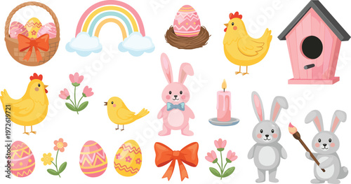 Cute Easter Icon Set Featuring Bunny, Chick, Rainbow, Basket Eggs, Flowers, Birdhouse, Candle, and Spring Decorative Elements