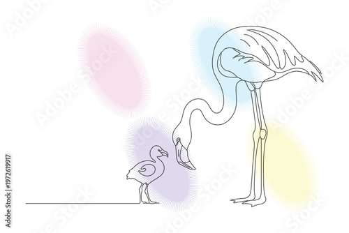 Elegant continuous line drawing of a flamingo and its calf, showcasing maternal love and delicate artistry, perfect for gentle designs.