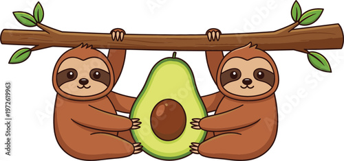 Cute sloths holding avocado hanging on tree branch, funny animal illustration with healthy food concept, adorable cartoon vector design