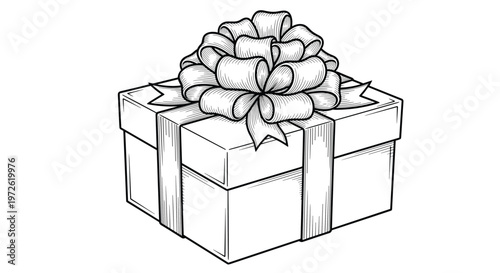 Classic gift box wrapped with a large elaborate bow is depicted in a detailed black and white etching style illustration.