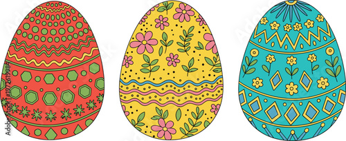 Decorative Easter Egg Illustration Set Featuring Floral Patterns Geometric Designs and Bright Colors for Spring Holiday Celebration Graphics