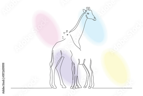 Elegant continuous line drawing of a giraffe and calf, showcasing maternal love and gentle connection in a minimalist style.