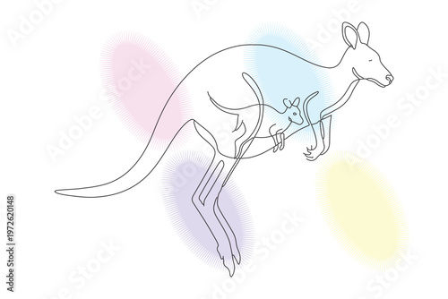 Elegant continuous line drawing of a kangaroo with joey, showcasing maternal love and the beauty of Australian wildlife in a minimalist style.