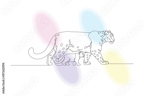 Elegant continuous line drawing of a leopard and calf, showcasing maternal love and connection with a modern, minimalist aesthetic.
