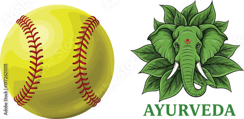 Softball ball and Ayurveda elephant leaf logo illustration, sports equipment and herbal medicine concept, unique combination vector design isolated