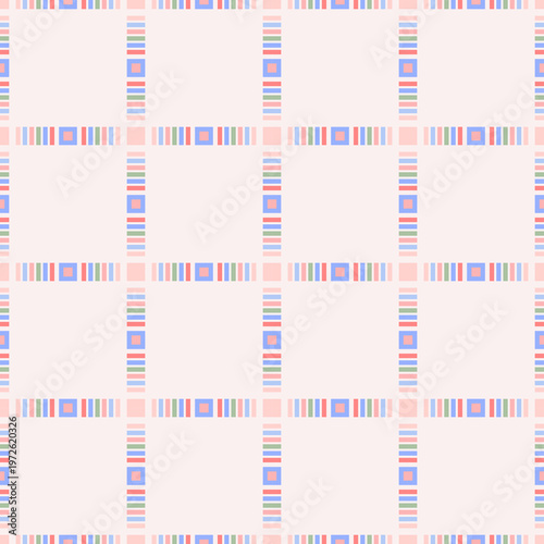 Geometric pattern seamless of small stripes and square in pastel tones. Geometric background with soft pink, blue, green and beige colors. Vector art, bold, modern design, minimal, balance space conce