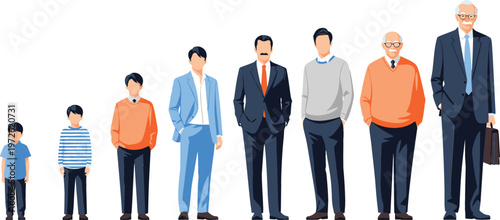 Male aging stages from child to elderly man, life cycle growth concept, different ages of a person evolution vector illustration collection