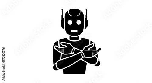 A black robot with crossed arms.