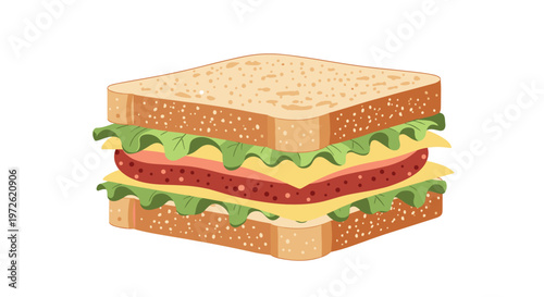 Tall and delicious looking sandwich is layered with whole wheat bread, fresh lettuce, melted cheese, and ham.