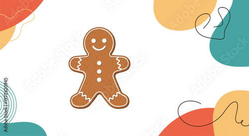 Happy gingerbread man cookie sits centered against an abstract background of colorful shapes and flowing lines.