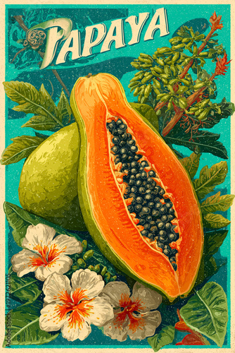 Egzotyczny plakat vintage z papają, białymi kwiatami i liśćmi na turkusowym tle. Stylizowana grafika botaniczna o nasyconych kolorach.
