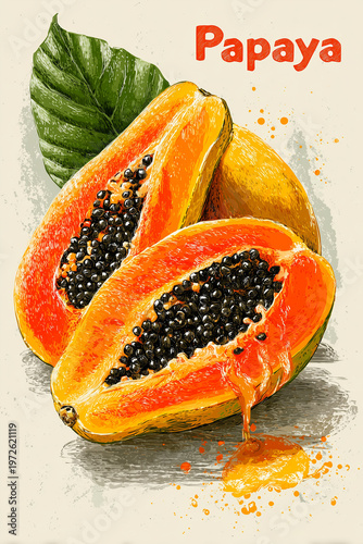 Ilustracja botaniczna przedstawiająca soczystą, przekrojoną papaję z czarnymi nasionami i zielonym liściem. Estetyka malarska na jasnym tle.