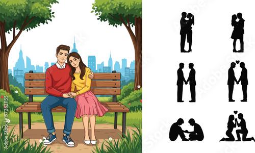 Romantic couple sitting on park bench with city skyline background and love silhouettes set, relationship moments vector illustration collection