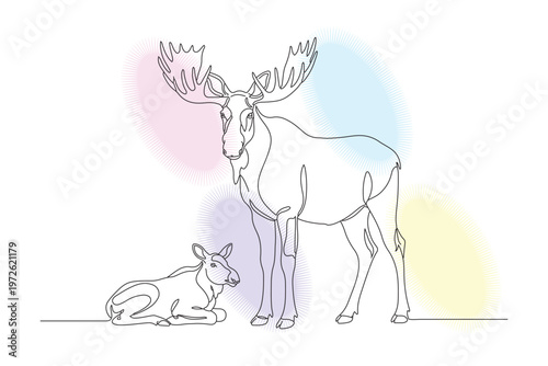 Elegant Continuous Line Drawing of a Moose and Calf, Minimalist Hand-Drawn Illustration with Pastel Watercolor Background