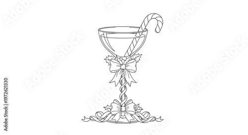 Ornate line drawing shows an elegant coupe glass filled with a drink, beautifully decorated with a candy cane and ribbons.