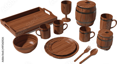 Wooden tableware set with plates, bowls, mugs, tray, barrel and utensils, rustic kitchen items collection, natural wood vector illustration