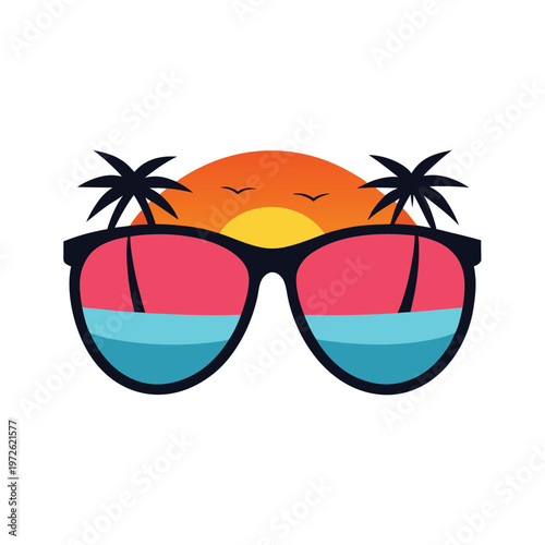 Sunglasses reflecting beach sunset and palm trees, summer vibes, vacation accessory, cool style, creative design
