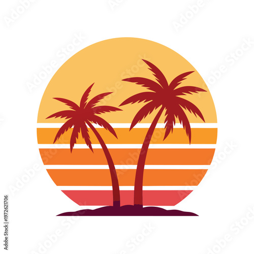Retro sunset design with palm trees on beach, summer tropical island vacation graphic