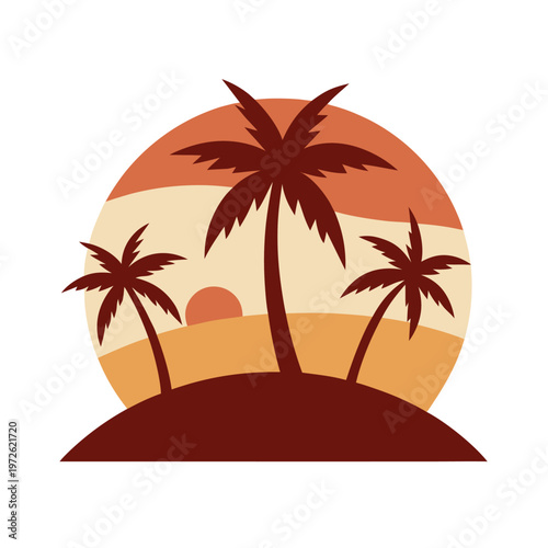 Retro island with three palm trees and small sun, vintage summer tropical vacation background